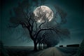 Night landscape with full moon, trees and road. 3d render