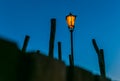 Night landscape with historical street lamp with orange light Royalty Free Stock Photo