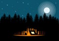 Night landscape illustration in flat style with tent, campfire, mountains, forest and full moon. Background for outdoor, Royalty Free Stock Photo