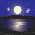 Night landscape with lake and full moon, Royalty Free Stock Photo