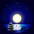 Night landscape with lake, moon, stars, lotus and massage stones Royalty Free Stock Photo