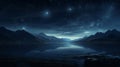 Night landscape with lake, mountains and starry sky with shooting stars. Concept of nature, tranquility, calmness, and Royalty Free Stock Photo