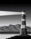 Night landscape with lighthouse, mountains and sea Royalty Free Stock Photo
