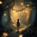 night landscape with a little elf girl in the fairy tale night forest Royalty Free Stock Photo