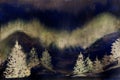 Night landscape with misty winter forest, river and mountains. Watercolor black and white illustration. Oriental Royalty Free Stock Photo