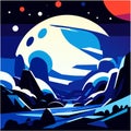 Night landscape with moon, river and mountains. Vector illustration in cartoon style AI generated