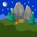 Night landscape with mountain, fir tree and tent. Campsite by night. One tent on wild nature. Camping tent and fireplace