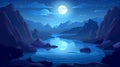 A night landscape with mountains and a river under the full moonlight with rocky hills and a path way. Royalty Free Stock Photo