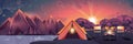 Night landscape, mountains, sunset, travel, hiking, nature, tent, campfire, camping in flat style