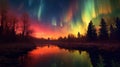 night landscape over lake with northern lights Royalty Free Stock Photo