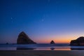 Night landscape of pacific ocean beach in USA, cliffs, and night stars. Beautiful sunset Royalty Free Stock Photo