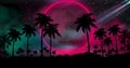 Night landscape with palm trees, against the backdrop of a neon sunset, stars. Silhouette coconut palm trees on beach at sunset. Royalty Free Stock Photo