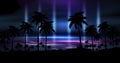 Night landscape with palm trees, against the backdrop of a neon sunset, stars. Silhouette coconut palm trees on beach at sunset. Royalty Free Stock Photo