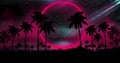 Night landscape with palm trees, against the backdrop of a neon sunset, stars. Silhouette coconut palm trees on beach at sunset. Royalty Free Stock Photo