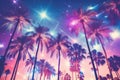 Night landscape with palm trees on beach. Creative trendy summer tropical background Royalty Free Stock Photo