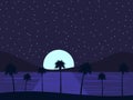 Night landscape with palm trees and the sea, moonlight on the water and the starry sky. Tropical paradise. Vector Royalty Free Stock Photo