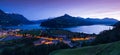 Night landscape. Panorama canton Schwyz, city of Brunnen. Lake Lucerne. Swiss Alps