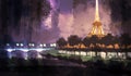 Night landscape of Paris. Imitation of abstract oil painting
