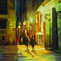 Night landscape with rain in barcelona gothic quarter, oil paint