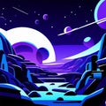 Night landscape with a river, moon and stars. Vector illustration. Generative AI