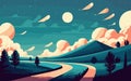 Night landscape with road and moon. surreal panorama view, horizon, Vector illustration in flat style, generative ai Royalty Free Stock Photo