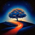 Night landscape with road, tree and starry sky. Vector illustration. AI Generated