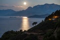 Night landscape with sea, moon, and mountains Royalty Free Stock Photo