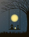 Night landscape, silhouettes of a girl with a lantern and a cat looking at the starry sky and the moon