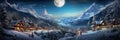 Night landscape with ski resort in mountains, panorama of village, snow, sky and moon in winter on Christmas. Theme of travel, Royalty Free Stock Photo