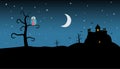 Night Landscape with Spooky Castle and Owl on Tree Royalty Free Stock Photo