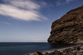 Night landscape with star trails. Beach with rocks and moving waves. Long exposure. Cliffs in the sea near Tasartico. Gran Canaria