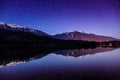 Night landscape with star trails and snow capped mountain with perfect reflection in a lake and amazing blue and purple colours