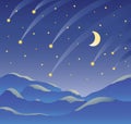 Night landscape, starry dark sky, month and falling stars, mountain landscape. Vector illustration