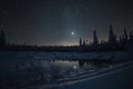 Night landscape with starry sky and lake in the winter forest. Royalty Free Stock Photo