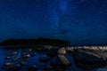 night landscape with a starry sky and Milky way with many bright stars. Astrophotography with constellations and Royalty Free Stock Photo