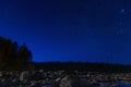 night landscape with a starry sky over sea water with stones and forest. Astrophotography with many stars, Milky Way Royalty Free Stock Photo