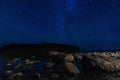 night landscape with a starry sky over sea water with stones and forest. Astrophotography with many stars, Milky Way Royalty Free Stock Photo