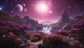 night landscape with stars and clouds beautiful space scene with a purple and pink planet and four moons. The planet has flowers, Royalty Free Stock Photo