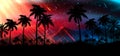 Night landscape with stars, sunset, stars. Silhouette coconut palm trees