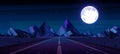 Night landscape with straight highway and mountains under starry sky with full moon. Empty road disappear into Royalty Free Stock Photo