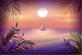 Night landscape of tropical island. Palm trees, beach, sea and sailboat Royalty Free Stock Photo