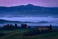 Night landscape in Tuscany, near lthe Siana and Pienza, Sunrise morning in Italy. Idyllic view on hilly meadow in Tuscany in Royalty Free Stock Photo