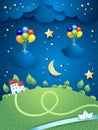 Night landscape with village, river and hanging balloons and clouds