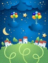 Night landscape with villages and hanging balloons and clouds
