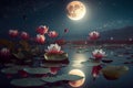 Night landscape with water lilies in a swamp against the background of the moon Royalty Free Stock Photo