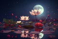 Night landscape with water lilies in a swamp against the background of the moon Royalty Free Stock Photo