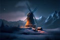 Night landscape with windmill and barn digital art Royalty Free Stock Photo