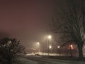 Night landscape. In winter, lanterns burn in the street