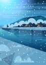 Night Landscape Of Winter Village Houses Near Mountain Hills And Frozen River Or Lake Royalty Free Stock Photo