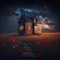 Night landscape with a wooden house on a field of poppies under the starry sky. Generative AI